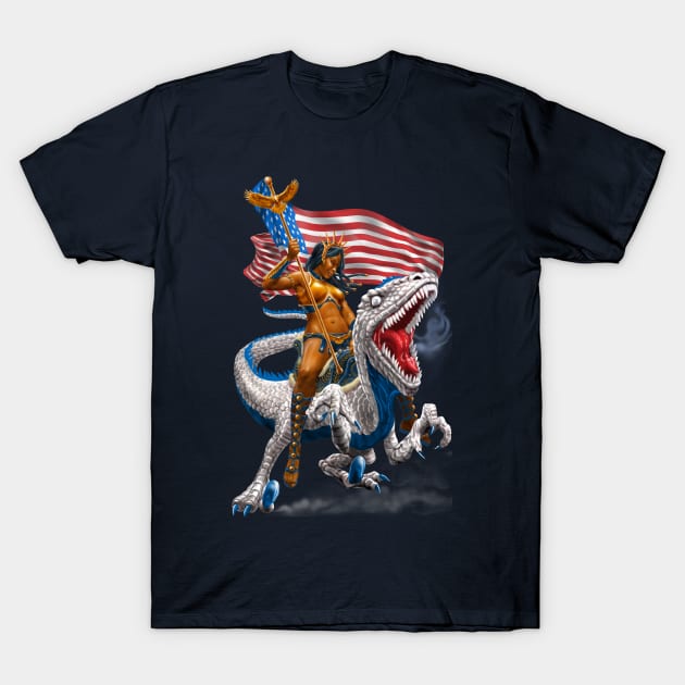 Liberty Patriotic Velociraptor Warrior T-Shirt by AyotaIllustration